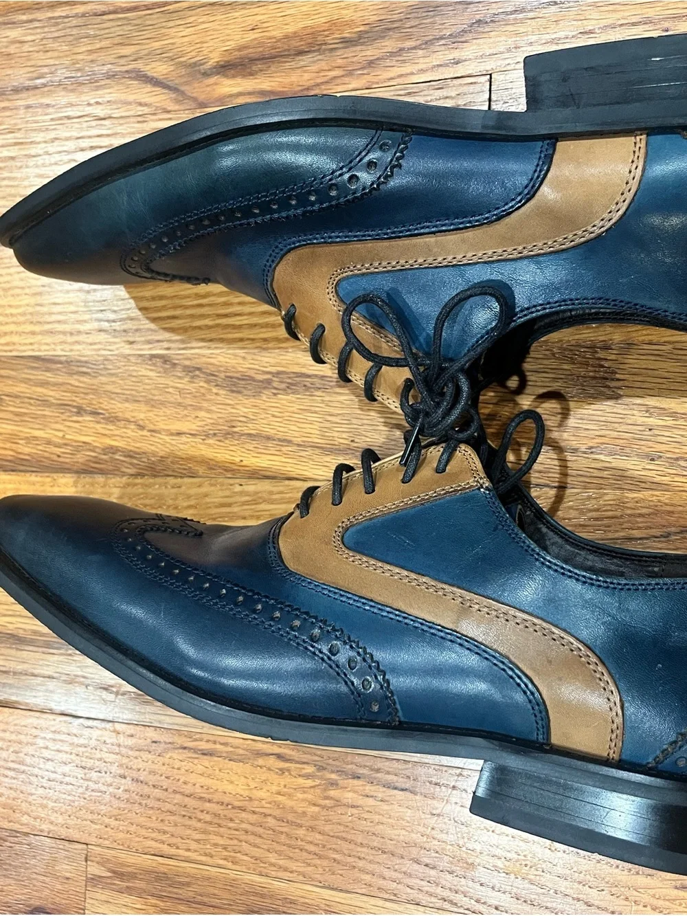 La Milano Men's Two Tone Wingtip Oxford Dress Shoes Navy Cognac Leather Size 10